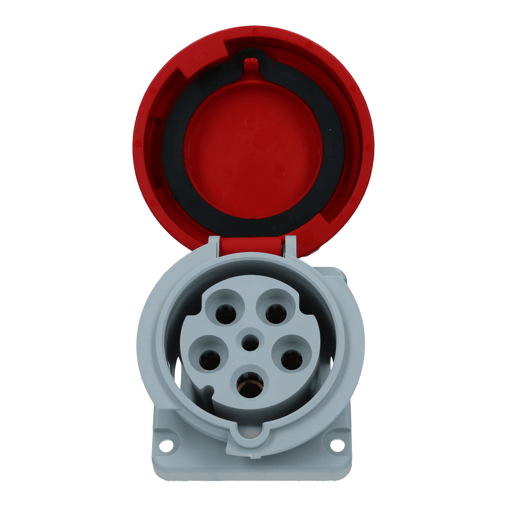 CEE female 5 polig 6H 63A IP67 inbouw wcd 380-415VAC schuin CEE female 5 polig 6H 63A IP67 inbouw wcd 380-415VAC schuin
