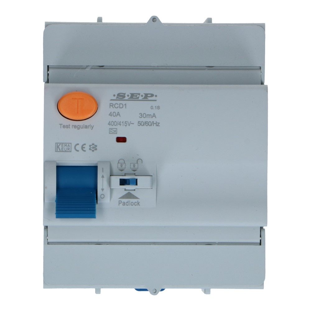 Aardlekschakelaar 40A 4 polig 30mA Type A 10kA RCD1 Aardlekschakelaar 40A 4 polig 30mA Type A 10kA RCD1
