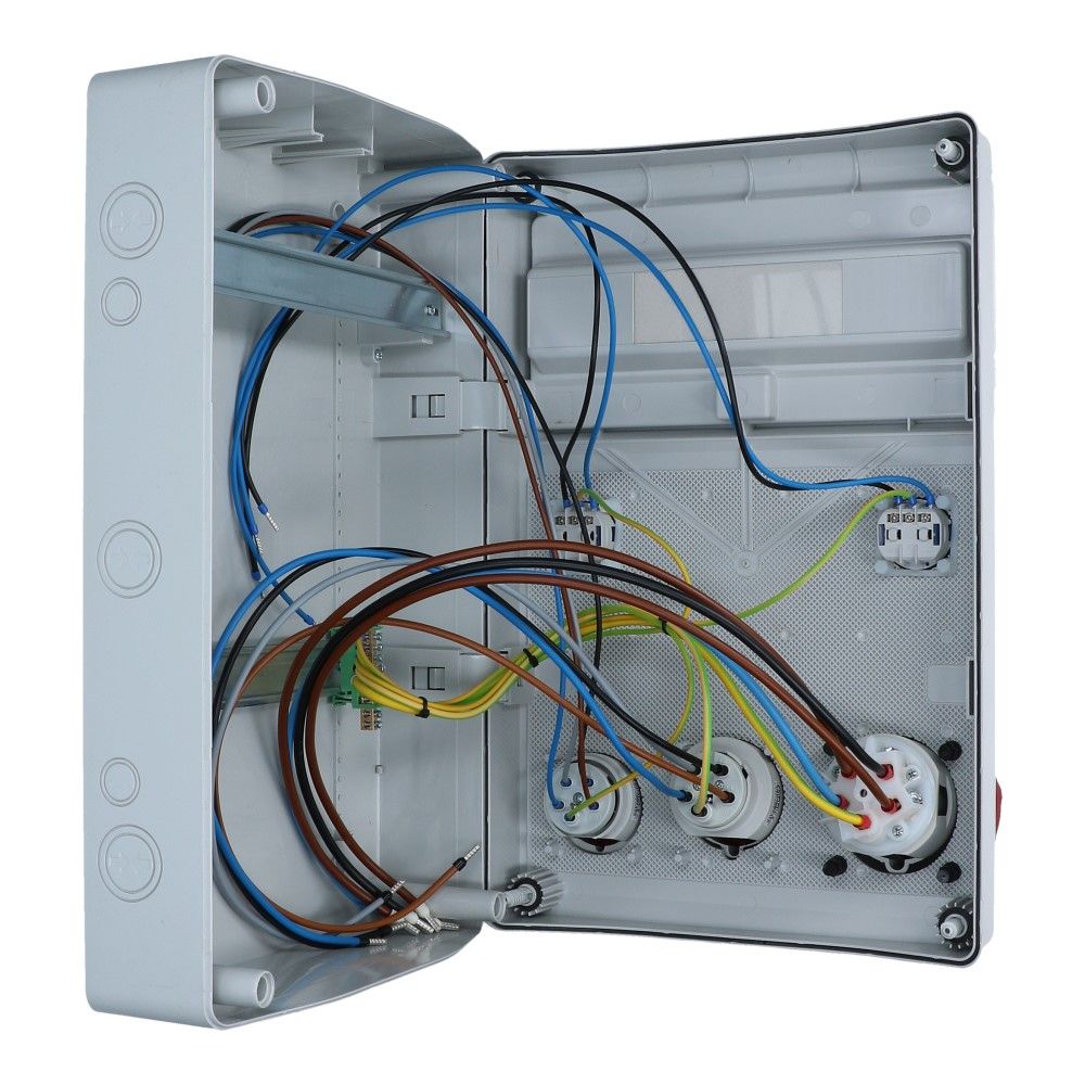 Wandverdeelkast voorbedraad IP44 1x CEE 63A 5p 1x32A 5p 1x16A 5p 2x schuko Wandverdeelkast voorbedraad IP44 1x CEE 63A 5p 1x32A 5p 1x16A 5p 2x schuko