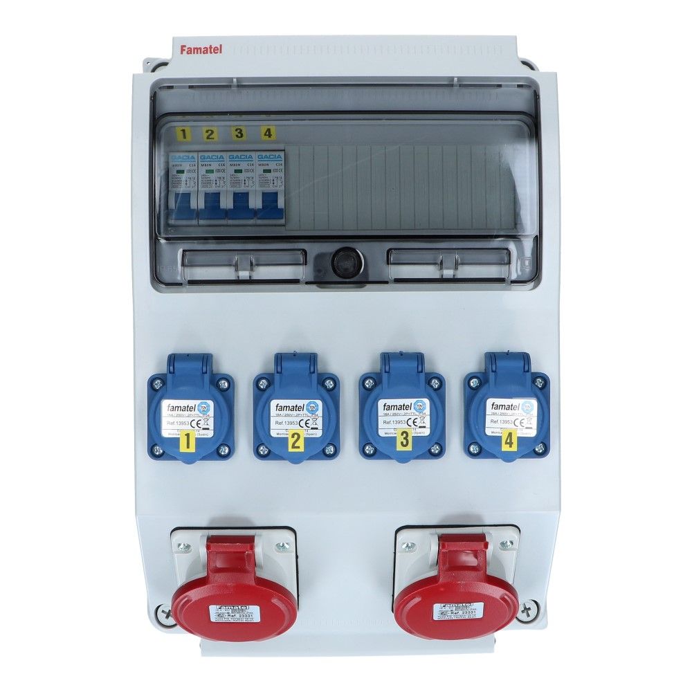 Wandverdeelkast IP44 2x CEE 16A 5p beveiligd: 4x schuko  Wandverdeelkast IP44 2x CEE 16A 5p beveiligd: 4x schuko
