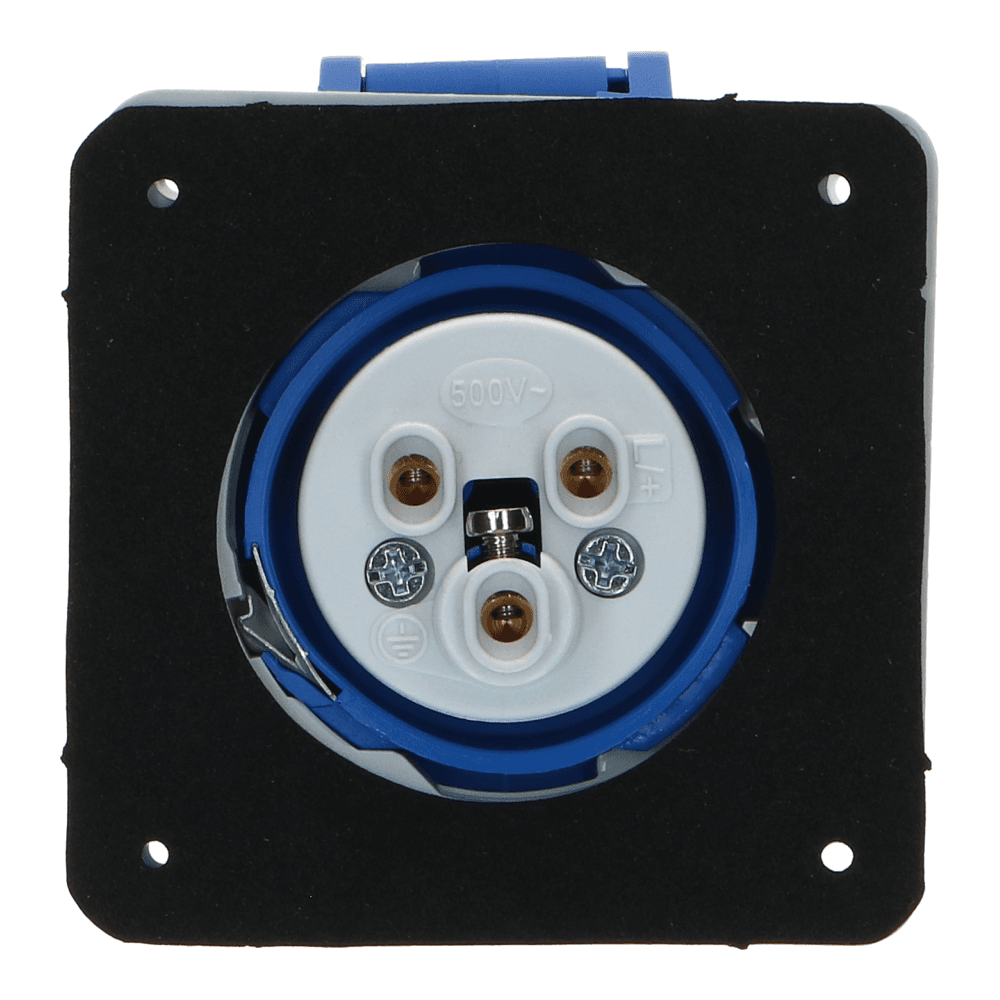 CEE female 3 polig 6H 16A IP67 inbouw wcd 220-240VAC recht CEE female 3 polig 6H 16A IP67 inbouw wcd 220-240VAC recht