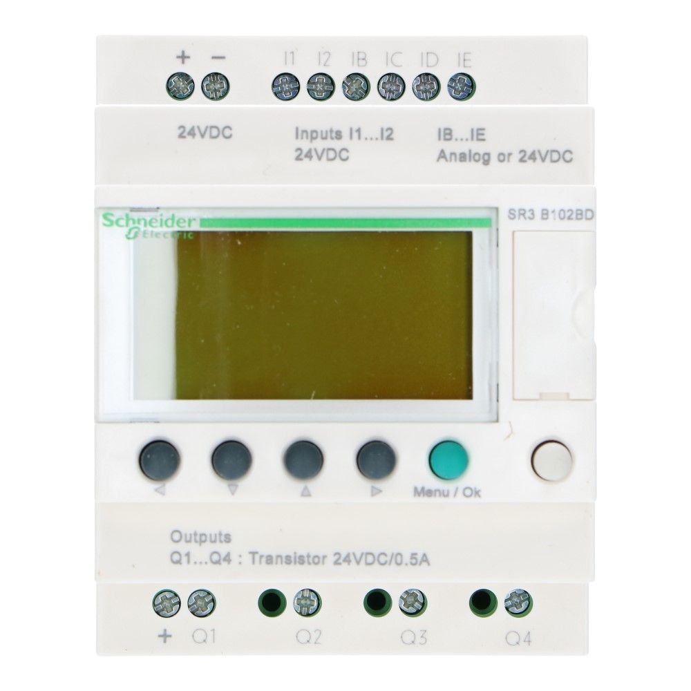 Zelio PLC met klok 10I-O 6in 4uit met scherm 24VDC SSR Zelio PLC met klok 10I-O 6in 4uit met scherm 24VDC SSR