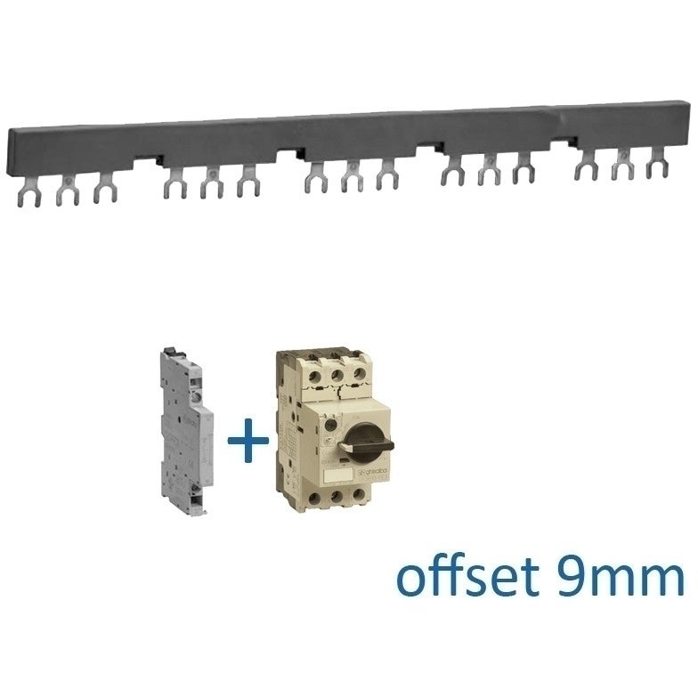 Kamrail vork 3 fase 15 poles offset 9mm tbv motorbeveiliging Kamrail vork 3 fase 15 poles offset 9mm tbv motorbeveiliging